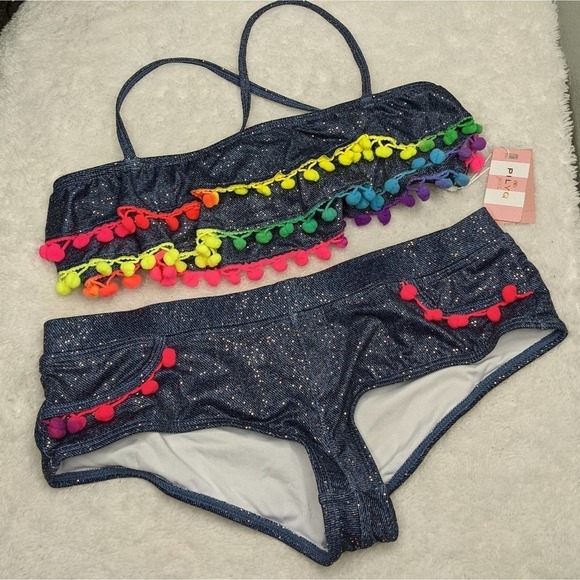 PilyQ Sparkle Denim Pom Pom Ruffle Bikini 16 - Picture 1 of 5